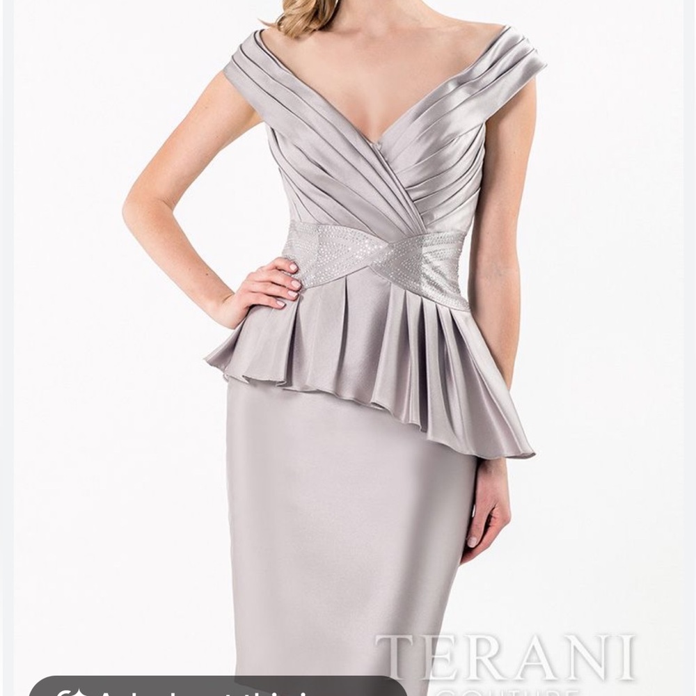 Terani Couture Sz 16 Silver Grey Off Shoulder V-Neck Dress Pleated Peplum Waist